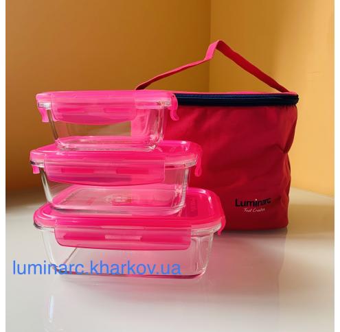 Набір контейнерів Luminarc  PURE BOX ACTIVE /380мл 820мл 1220мл /рожев. прямокут.+сумка для ланчу